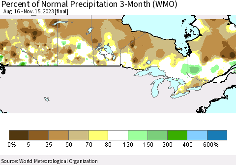 Canada Percent of Normal Precipitation 3-Month (WMO) Thematic Map For 8/16/2023 - 11/15/2023