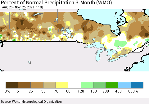 Canada Percent of Normal Precipitation 3-Month (WMO) Thematic Map For 8/26/2023 - 11/25/2023