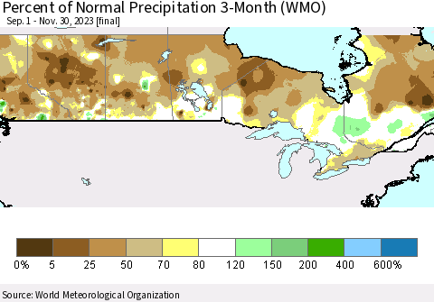 Canada Percent of Normal Precipitation 3-Month (WMO) Thematic Map For 9/1/2023 - 11/30/2023