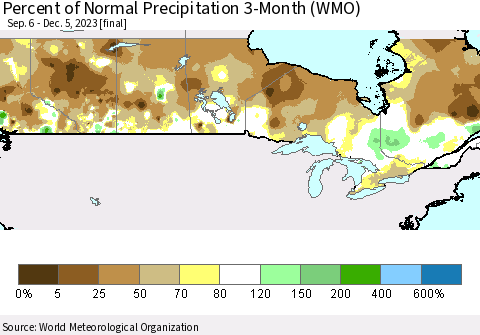 Canada Percent of Normal Precipitation 3-Month (WMO) Thematic Map For 9/6/2023 - 12/5/2023