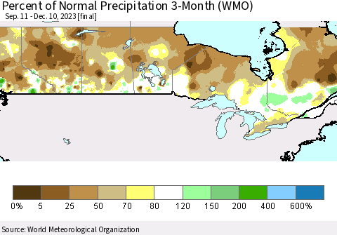 Canada Percent of Normal Precipitation 3-Month (WMO) Thematic Map For 9/11/2023 - 12/10/2023