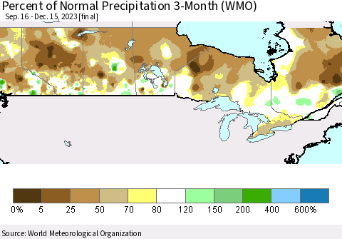 Canada Percent of Normal Precipitation 3-Month (WMO) Thematic Map For 9/16/2023 - 12/15/2023