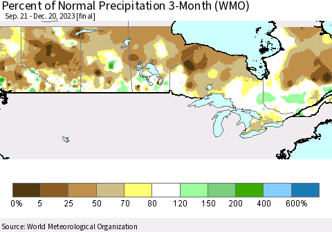 Canada Percent of Normal Precipitation 3-Month (WMO) Thematic Map For 9/21/2023 - 12/20/2023