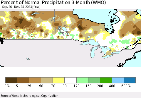 Canada Percent of Normal Precipitation 3-Month (WMO) Thematic Map For 9/26/2023 - 12/25/2023