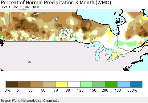 Canada Percent of Normal Precipitation 3-Month (WMO) Thematic Map For 10/1/2023 - 12/31/2023