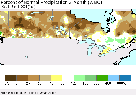 Canada Percent of Normal Precipitation 3-Month (WMO) Thematic Map For 10/6/2023 - 1/5/2024