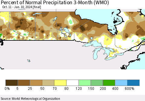 Canada Percent of Normal Precipitation 3-Month (WMO) Thematic Map For 10/11/2023 - 1/10/2024
