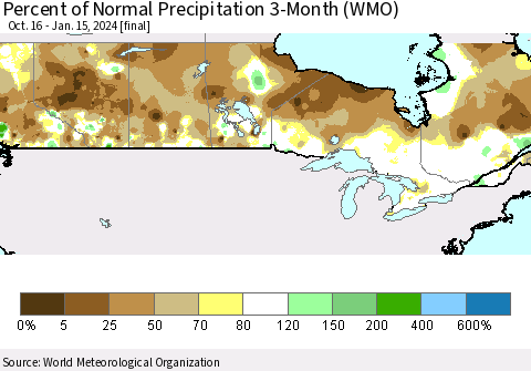 Canada Percent of Normal Precipitation 3-Month (WMO) Thematic Map For 10/16/2023 - 1/15/2024