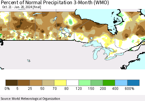 Canada Percent of Normal Precipitation 3-Month (WMO) Thematic Map For 10/21/2023 - 1/20/2024