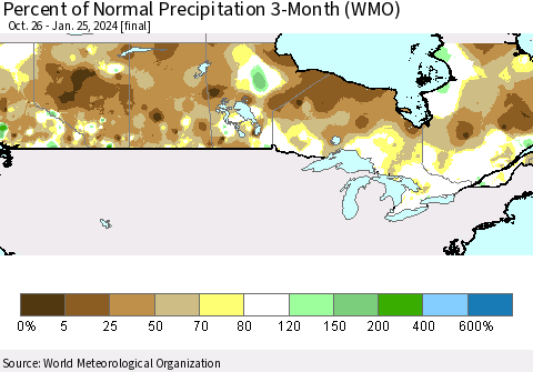 Canada Percent of Normal Precipitation 3-Month (WMO) Thematic Map For 10/26/2023 - 1/25/2024