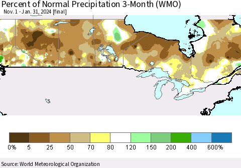 Canada Percent of Normal Precipitation 3-Month (WMO) Thematic Map For 11/1/2023 - 1/31/2024
