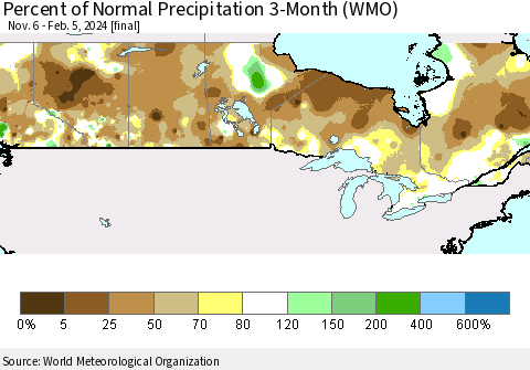 Canada Percent of Normal Precipitation 3-Month (WMO) Thematic Map For 11/6/2023 - 2/5/2024
