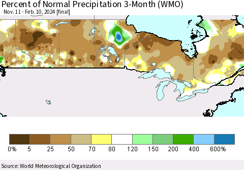 Canada Percent of Normal Precipitation 3-Month (WMO) Thematic Map For 11/11/2023 - 2/10/2024