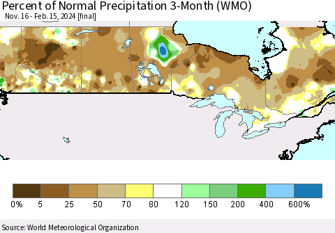 Canada Percent of Normal Precipitation 3-Month (WMO) Thematic Map For 11/16/2023 - 2/15/2024