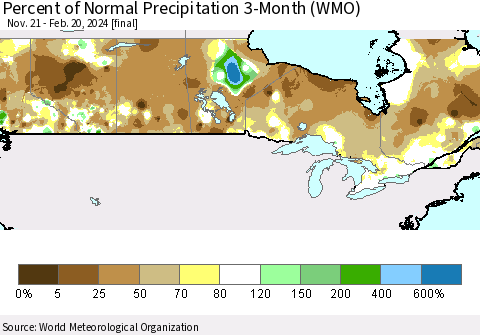 Canada Percent of Normal Precipitation 3-Month (WMO) Thematic Map For 11/21/2023 - 2/20/2024