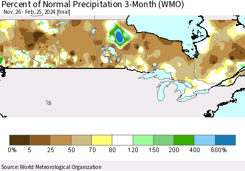 Canada Percent of Normal Precipitation 3-Month (WMO) Thematic Map For 11/26/2023 - 2/25/2024
