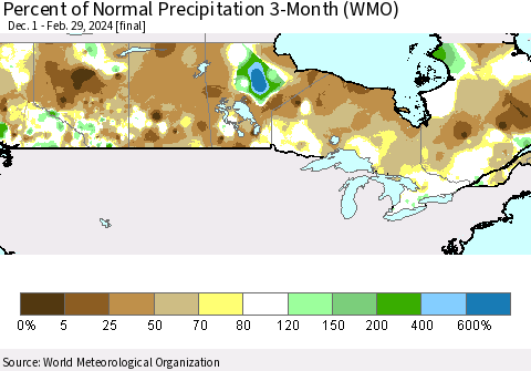 Canada Percent of Normal Precipitation 3-Month (WMO) Thematic Map For 12/1/2023 - 2/29/2024