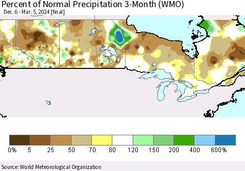 Canada Percent of Normal Precipitation 3-Month (WMO) Thematic Map For 12/6/2023 - 3/5/2024