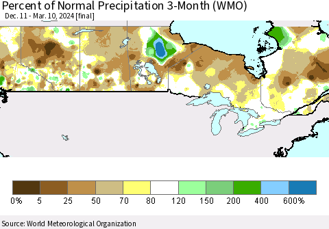 Canada Percent of Normal Precipitation 3-Month (WMO) Thematic Map For 12/11/2023 - 3/10/2024