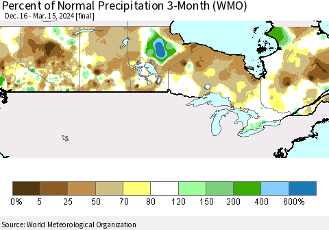 Canada Percent of Normal Precipitation 3-Month (WMO) Thematic Map For 12/16/2023 - 3/15/2024