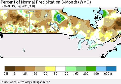 Canada Percent of Normal Precipitation 3-Month (WMO) Thematic Map For 12/21/2023 - 3/20/2024