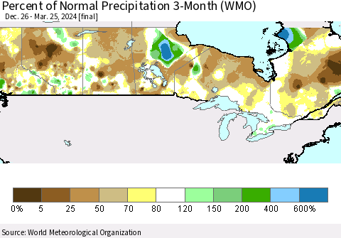 Canada Percent of Normal Precipitation 3-Month (WMO) Thematic Map For 12/26/2023 - 3/25/2024