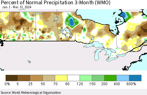 Canada Percent of Normal Precipitation 3-Month (WMO) Thematic Map For 1/1/2024 - 3/31/2024