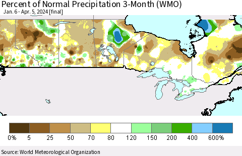 Canada Percent of Normal Precipitation 3-Month (WMO) Thematic Map For 1/6/2024 - 4/5/2024