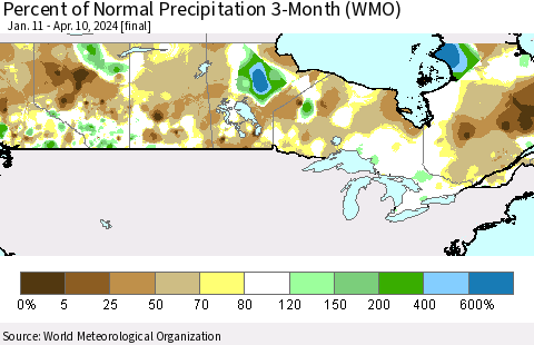 Canada Percent of Normal Precipitation 3-Month (WMO) Thematic Map For 1/11/2024 - 4/10/2024