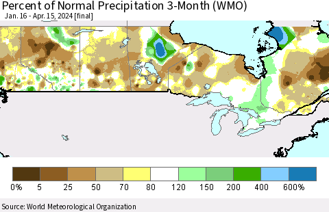Canada Percent of Normal Precipitation 3-Month (WMO) Thematic Map For 1/16/2024 - 4/15/2024