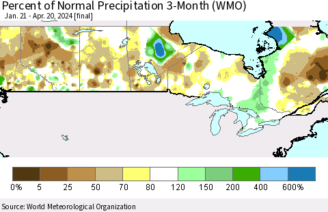 Canada Percent of Normal Precipitation 3-Month (WMO) Thematic Map For 1/21/2024 - 4/20/2024