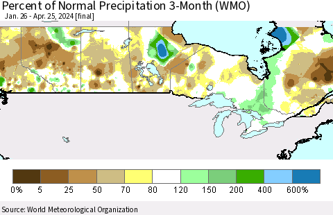Canada Percent of Normal Precipitation 3-Month (WMO) Thematic Map For 1/26/2024 - 4/25/2024