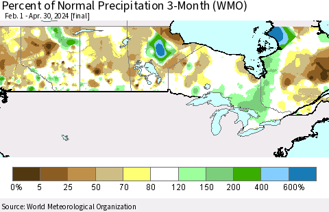 Canada Percent of Normal Precipitation 3-Month (WMO) Thematic Map For 2/1/2024 - 4/30/2024