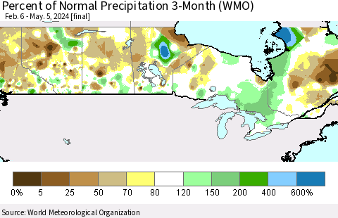 Canada Percent of Normal Precipitation 3-Month (WMO) Thematic Map For 2/6/2024 - 5/5/2024