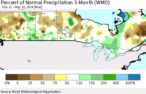 Canada Percent of Normal Precipitation 3-Month (WMO) Thematic Map For 2/11/2024 - 5/10/2024