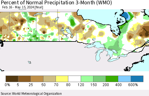 Canada Percent of Normal Precipitation 3-Month (WMO) Thematic Map For 2/16/2024 - 5/15/2024