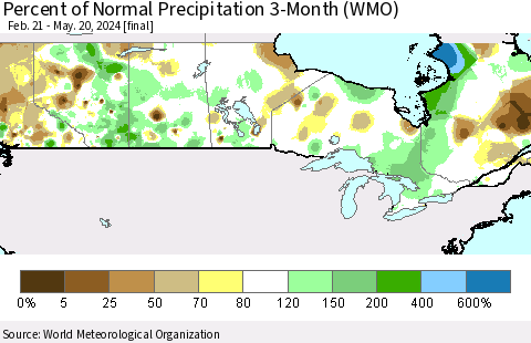 Canada Percent of Normal Precipitation 3-Month (WMO) Thematic Map For 2/21/2024 - 5/20/2024