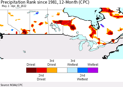Canada Precipitation Rank since 1981, 12-Month (CPC) Thematic Map For 5/1/2021 - 4/30/2022