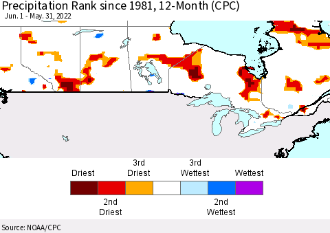 Canada Precipitation Rank since 1981, 12-Month (CPC) Thematic Map For 6/1/2021 - 5/31/2022