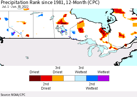 Canada Precipitation Rank since 1981, 12-Month (CPC) Thematic Map For 7/1/2021 - 6/30/2022