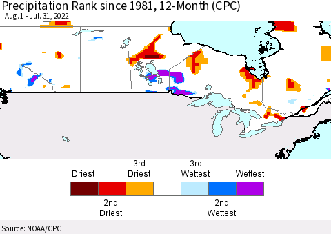 Canada Precipitation Rank since 1981, 12-Month (CPC) Thematic Map For 8/1/2021 - 7/31/2022