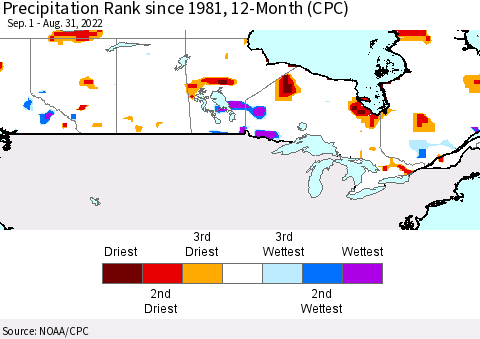 Canada Precipitation Rank since 1981, 12-Month (CPC) Thematic Map For 9/1/2021 - 8/31/2022