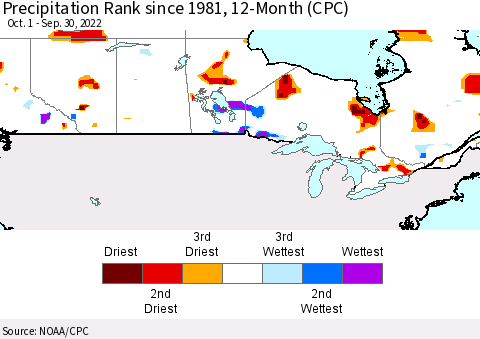 Canada Precipitation Rank since 1981, 12-Month (CPC) Thematic Map For 10/1/2021 - 9/30/2022
