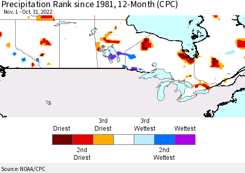 Canada Precipitation Rank since 1981, 12-Month (CPC) Thematic Map For 11/1/2021 - 10/31/2022