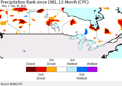 Canada Precipitation Rank since 1981, 12-Month (CPC) Thematic Map For 5/1/2022 - 4/30/2023