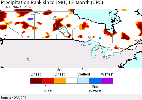 Canada Precipitation Rank since 1981, 12-Month (CPC) Thematic Map For 6/1/2022 - 5/31/2023