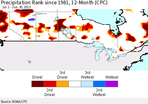 Canada Precipitation Rank since 1981, 12-Month (CPC) Thematic Map For 7/1/2022 - 6/30/2023