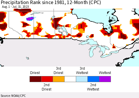 Canada Precipitation Rank since 1981, 12-Month (CPC) Thematic Map For 8/1/2022 - 7/31/2023
