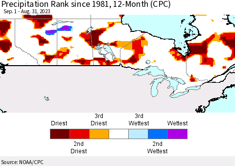 Canada Precipitation Rank since 1981, 12-Month (CPC) Thematic Map For 9/1/2022 - 8/31/2023