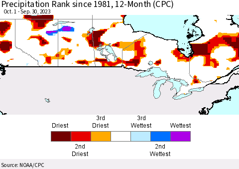 Canada Precipitation Rank since 1981, 12-Month (CPC) Thematic Map For 10/1/2022 - 9/30/2023